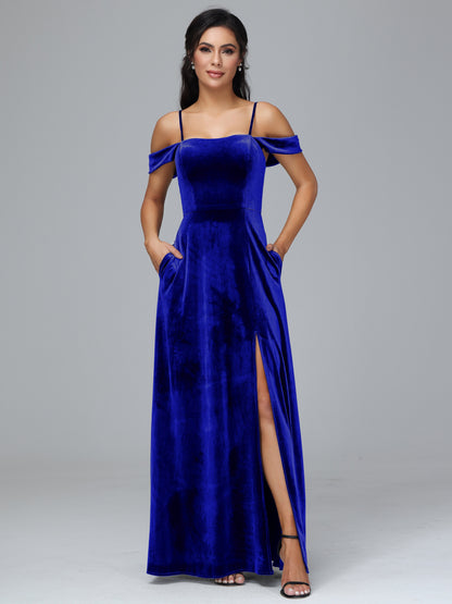 Spaghetti Straps Off Shoulder Plus Size Velvet Bridesmaid Dress With Slit