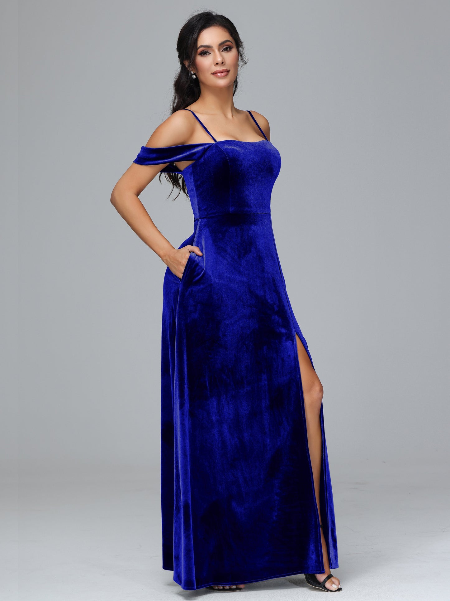 Spaghetti Straps Off Shoulder Plus Size Velvet Bridesmaid Dress With Slit