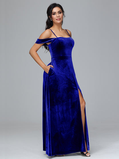Spaghetti Straps Off Shoulder Plus Size Velvet Bridesmaid Dress With Slit