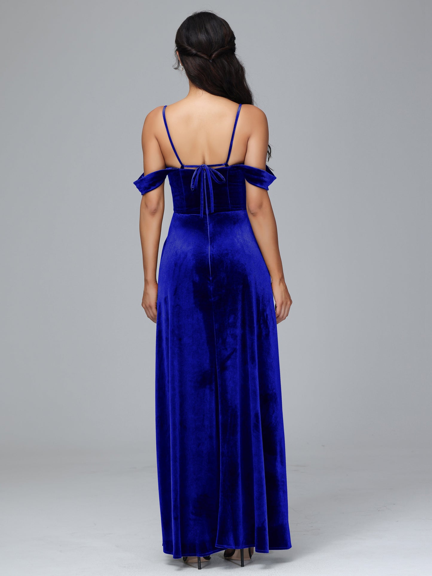 Spaghetti Straps Off Shoulder Plus Size Velvet Bridesmaid Dress With Slit