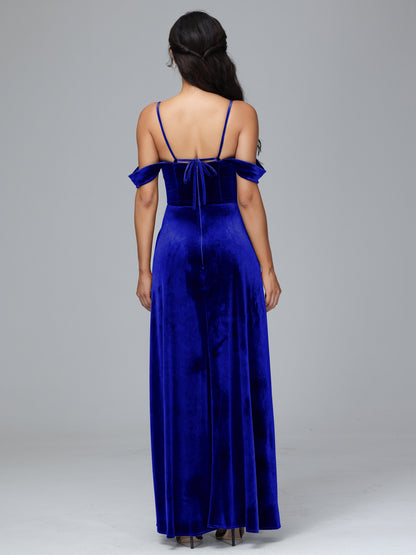 Spaghetti Straps Off Shoulder Plus Size Velvet Bridesmaid Dress With Slit