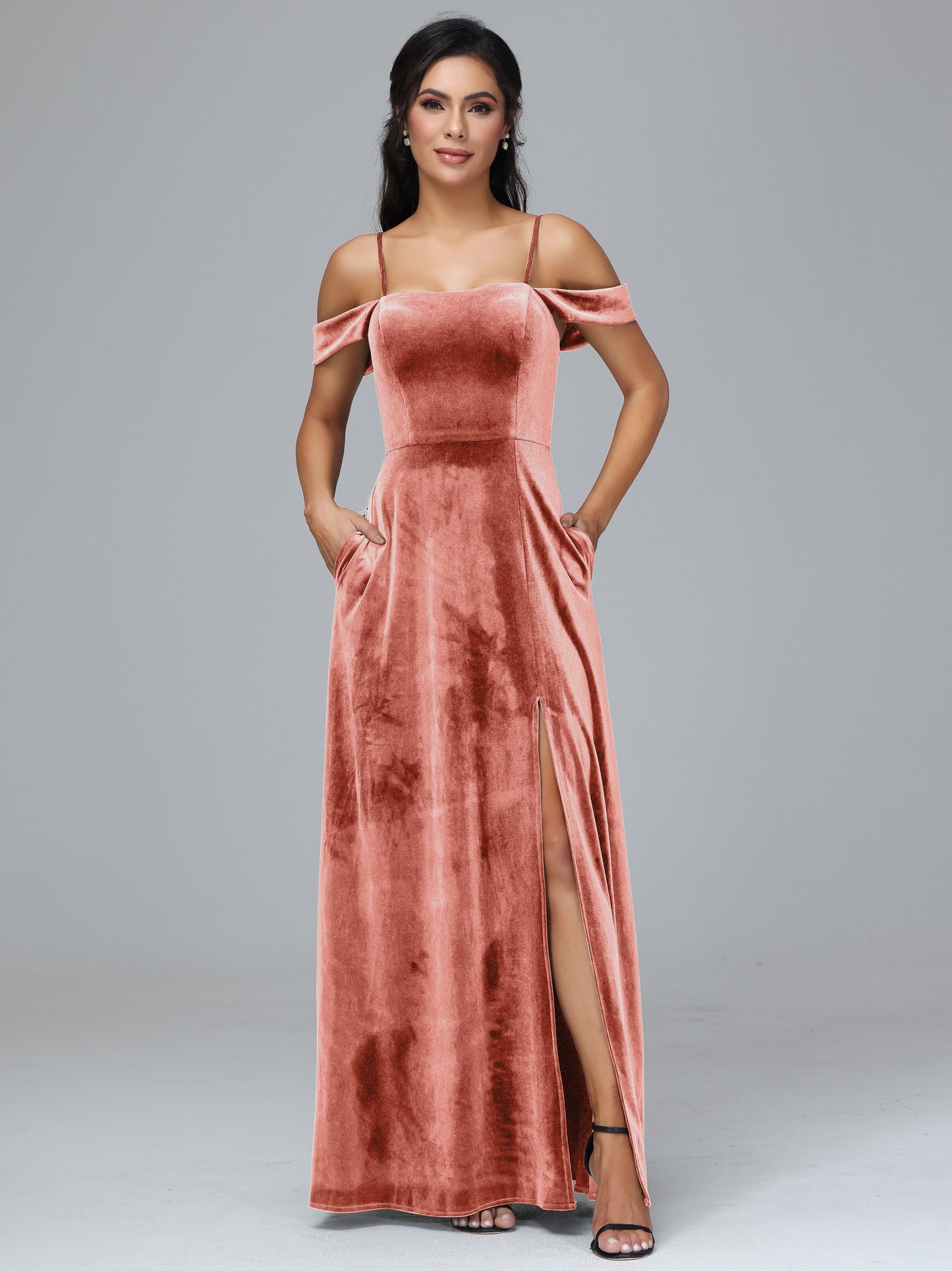 Spaghetti Straps Off Shoulder Plus Size Velvet Bridesmaid Dress With Slit