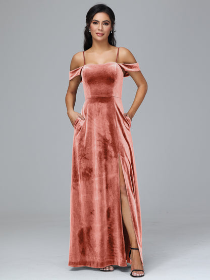 Spaghetti Straps Off Shoulder Plus Size Velvet Bridesmaid Dress With Slit