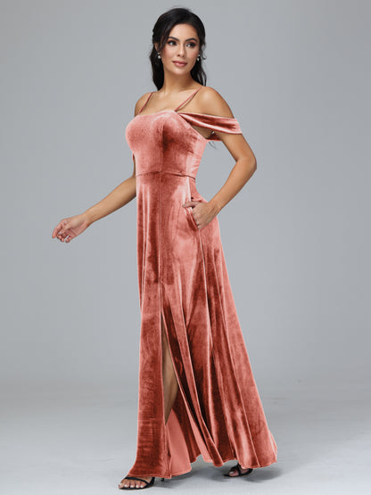 Spaghetti Straps Off Shoulder Plus Size Velvet Bridesmaid Dress With Slit
