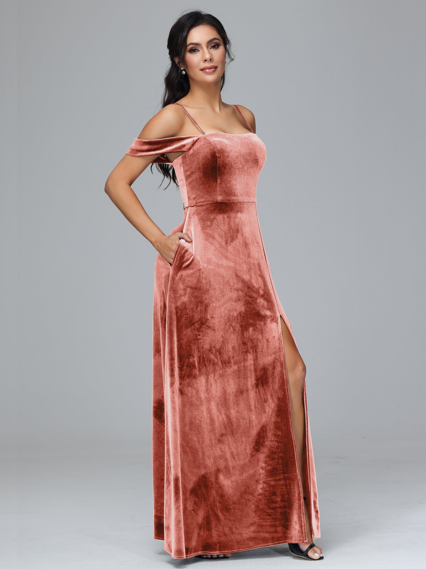 Spaghetti Straps Off Shoulder Plus Size Velvet Bridesmaid Dress With Slit