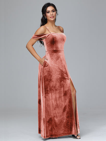 Spaghetti Straps Off Shoulder Plus Size Velvet Bridesmaid Dress With Slit