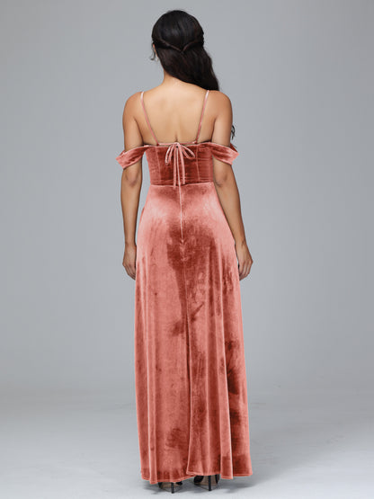 Spaghetti Straps Off Shoulder Plus Size Velvet Bridesmaid Dress With Slit