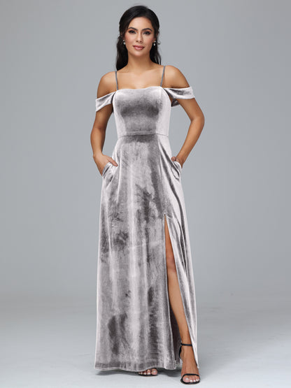 Spaghetti Straps Off Shoulder Plus Size Velvet Bridesmaid Dress With Slit