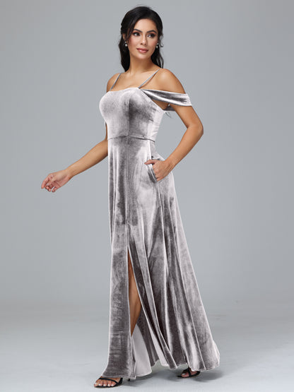 Spaghetti Straps Off Shoulder Plus Size Velvet Bridesmaid Dress With Slit