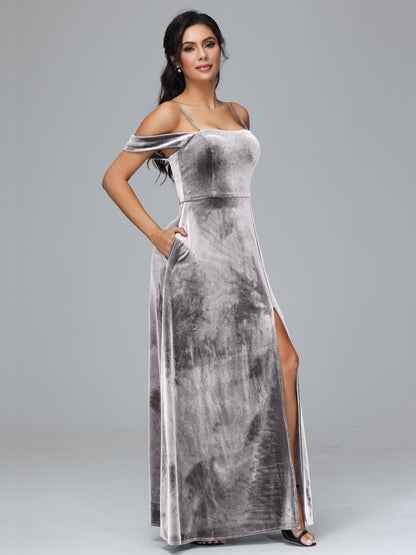 Spaghetti Straps Off Shoulder Plus Size Velvet Bridesmaid Dress With Slit