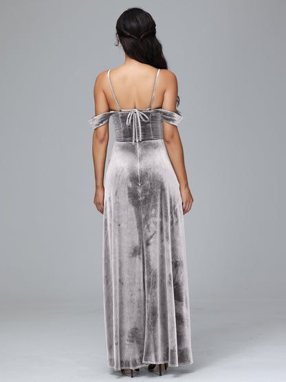 Spaghetti Straps Off Shoulder Plus Size Velvet Bridesmaid Dress With Slit