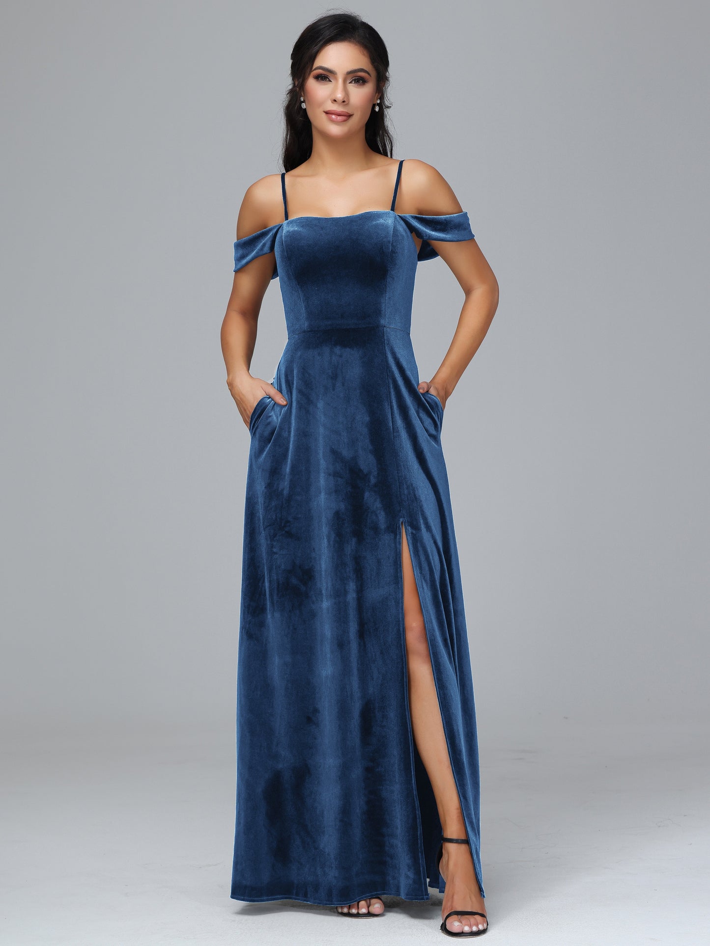 Spaghetti Straps Off Shoulder Plus Size Velvet Bridesmaid Dress With Slit