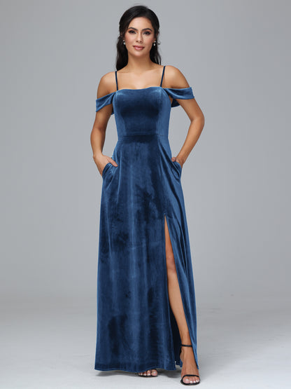Spaghetti Straps Off Shoulder Plus Size Velvet Bridesmaid Dress With Slit