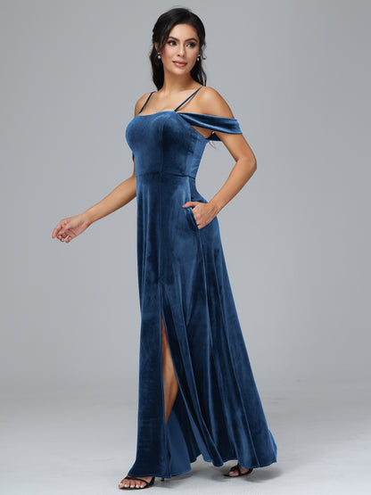 Spaghetti Straps Off Shoulder Plus Size Velvet Bridesmaid Dress With Slit