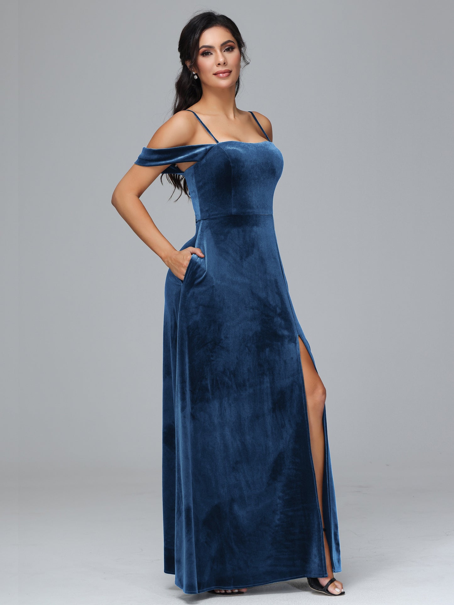 Spaghetti Straps Off Shoulder Plus Size Velvet Bridesmaid Dress With Slit