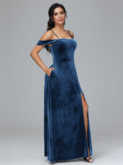 Spaghetti Straps Off Shoulder Plus Size Velvet Bridesmaid Dress With Slit