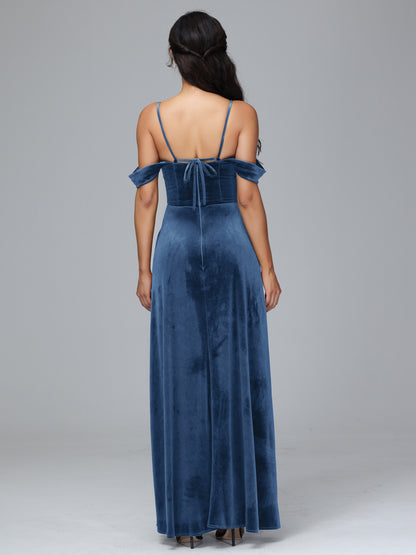 Spaghetti Straps Off Shoulder Plus Size Velvet Bridesmaid Dress With Slit