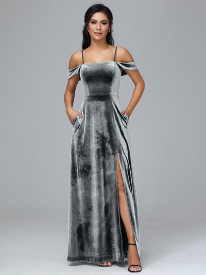 Spaghetti Straps Off Shoulder Plus Size Velvet Bridesmaid Dress With Slit