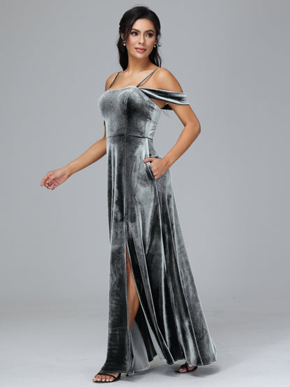 Spaghetti Straps Off Shoulder Plus Size Velvet Bridesmaid Dress With Slit