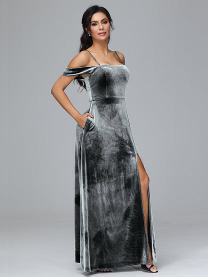Spaghetti Straps Off Shoulder Plus Size Velvet Bridesmaid Dress With Slit