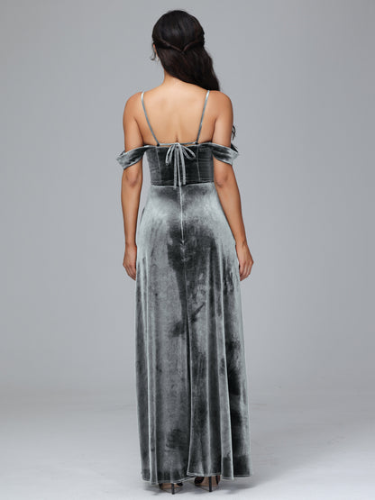 Spaghetti Straps Off Shoulder Plus Size Velvet Bridesmaid Dress With Slit