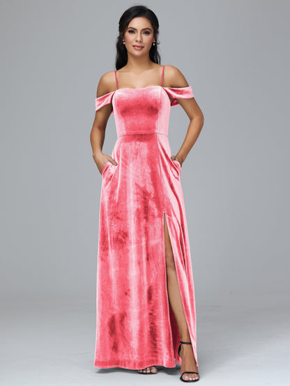 Spaghetti Straps Off Shoulder Plus Size Velvet Bridesmaid Dress With Slit