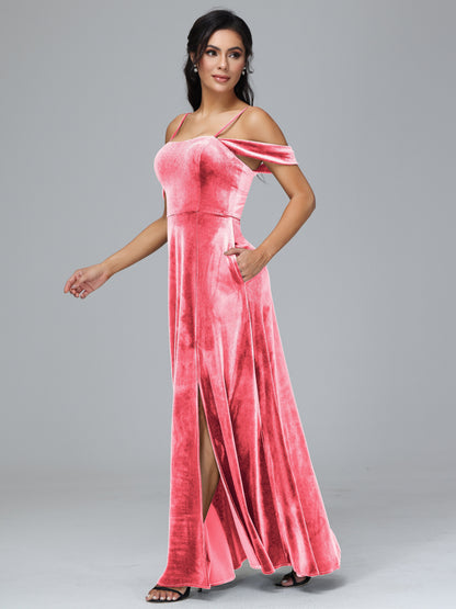 Spaghetti Straps Off Shoulder Plus Size Velvet Bridesmaid Dress With Slit