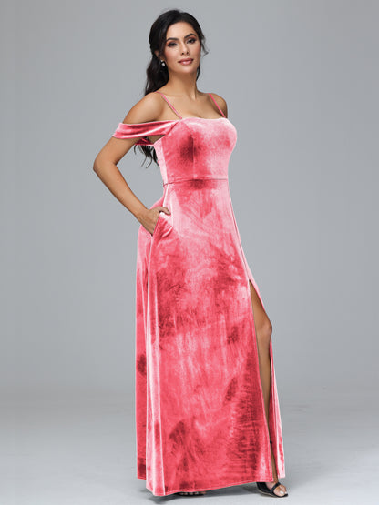Spaghetti Straps Off Shoulder Plus Size Velvet Bridesmaid Dress With Slit