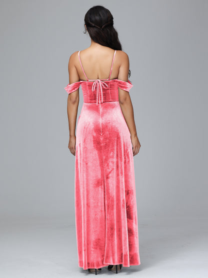 Spaghetti Straps Off Shoulder Plus Size Velvet Bridesmaid Dress With Slit