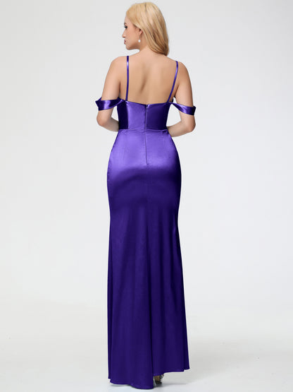 Bridesmaid Dresses Regency Sheath/Column Off The Shoulder Removable Straps Stretch Satin Bridesmaid Dress With Slit