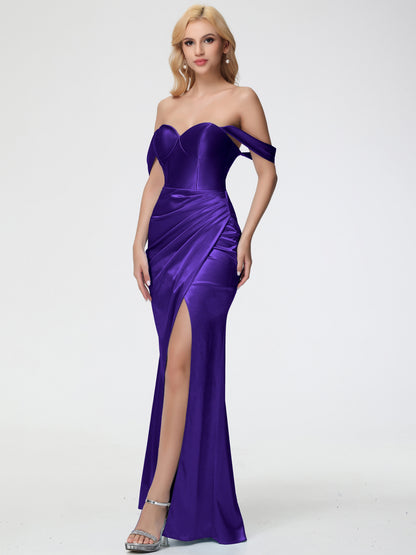 Bridesmaid Dresses Regency Sheath/Column Off The Shoulder Removable Straps Stretch Satin Bridesmaid Dress With Slit