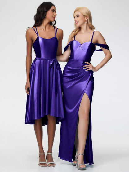 Bridesmaid Dresses Regency Sheath/Column Off The Shoulder Removable Straps Stretch Satin Bridesmaid Dress With Slit