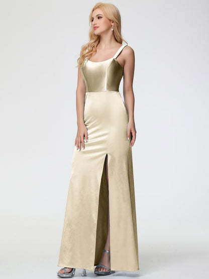 Bridesmaid Dresses Champagne Colour Sheath/Column Straps V Back Floor Length Stretch Satin Bridesmaid Dress