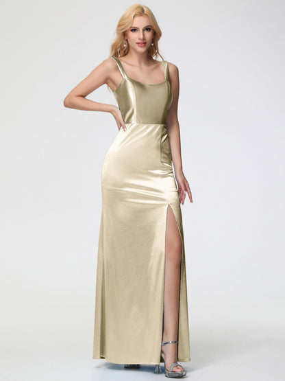 Bridesmaid Dresses Champagne Colour Sheath/Column Straps V Back Floor Length Stretch Satin Bridesmaid Dress