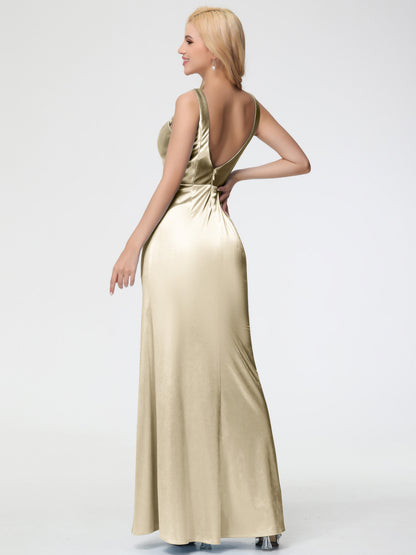 Bridesmaid Dresses Champagne Colour Sheath/Column Straps V Back Floor Length Stretch Satin Bridesmaid Dress