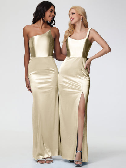 Bridesmaid Dresses Champagne Colour Sheath/Column Straps V Back Floor Length Stretch Satin Bridesmaid Dress