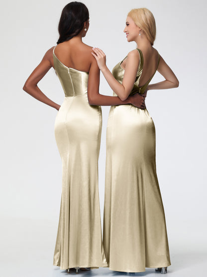 Bridesmaid Dresses Champagne Colour Sheath/Column Straps V Back Floor Length Stretch Satin Bridesmaid Dress