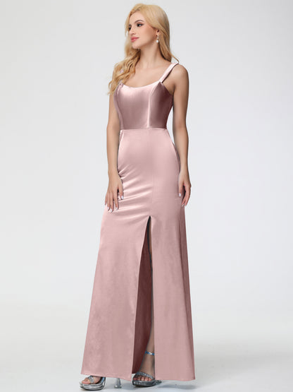 Bridesmaid Dresses Dusty Rose Sheath/Column Straps V Back Floor Length Stretch Satin Bridesmaid Dress