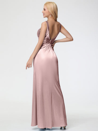 Bridesmaid Dresses Dusty Rose Sheath/Column Straps V Back Floor Length Stretch Satin Bridesmaid Dress