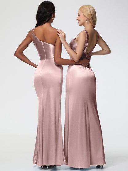 Bridesmaid Dresses Dusty Rose Sheath/Column Straps V Back Floor Length Stretch Satin Bridesmaid Dress