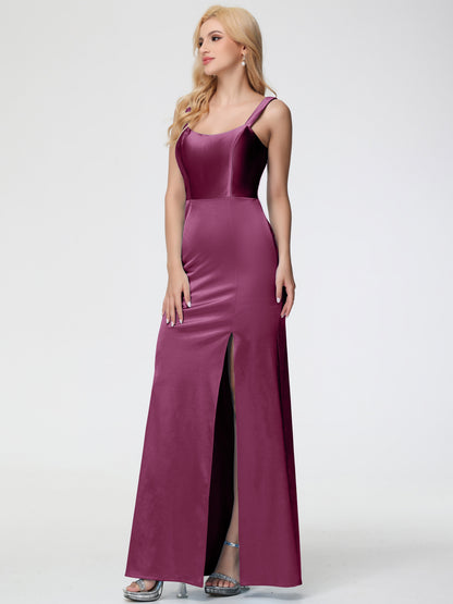Bridesmaid Dresses Mulberry Sheath/Column Straps V Back Floor Length Stretch Satin Bridesmaid Dress