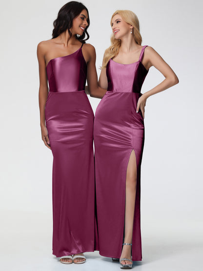 Bridesmaid Dresses Mulberry Sheath/Column Straps V Back Floor Length Stretch Satin Bridesmaid Dress