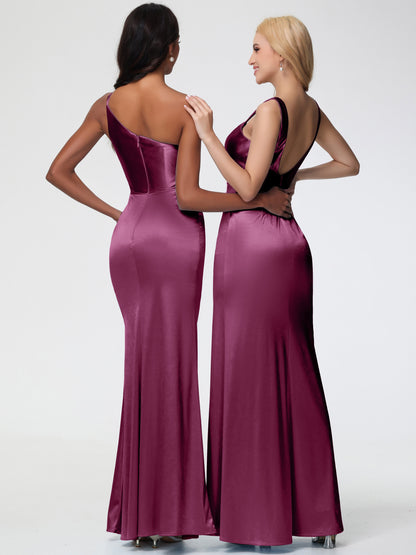 Bridesmaid Dresses Mulberry Sheath/Column Straps V Back Floor Length Stretch Satin Bridesmaid Dress