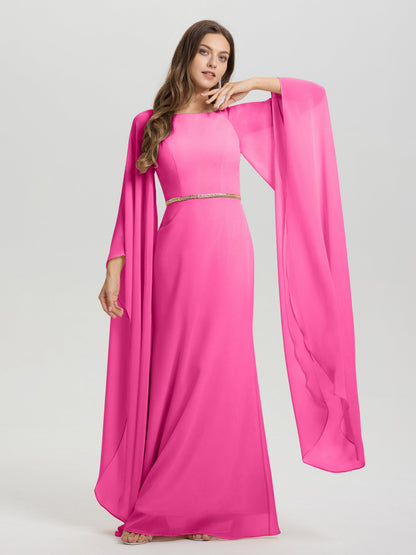 Sheath Flowy Long Sleeves Waisted Zip Back Chiffon Bridesmaid Dress