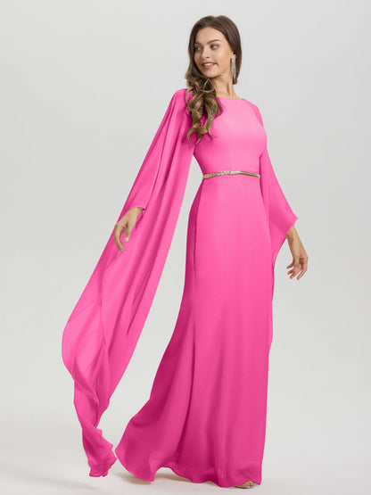 Sheath Flowy Long Sleeves Waisted Zip Back Chiffon Bridesmaid Dress