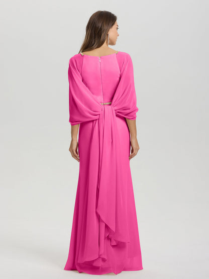 Sheath Flowy Long Sleeves Waisted Zip Back Chiffon Bridesmaid Dress