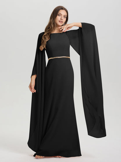 Sheath Flowy Long Sleeves Waisted Zip Back Chiffon Bridesmaid Dress