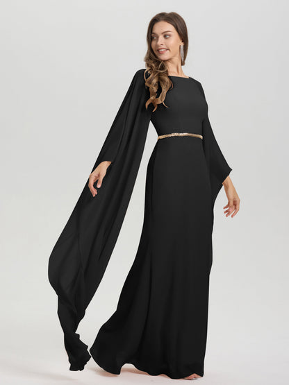 Sheath Flowy Long Sleeves Waisted Zip Back Chiffon Bridesmaid Dress