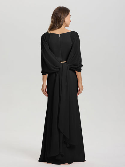 Sheath Flowy Long Sleeves Waisted Zip Back Chiffon Bridesmaid Dress