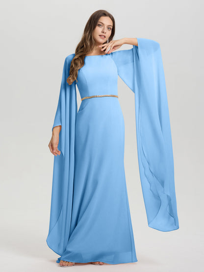 Sheath Flowy Long Sleeves Waisted Zip Back Chiffon Bridesmaid Dress